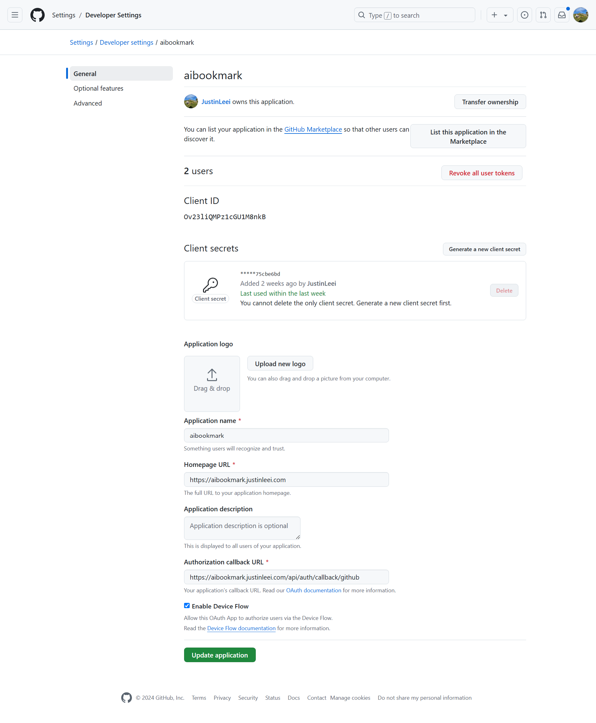 GitHub OAuth 设置截图